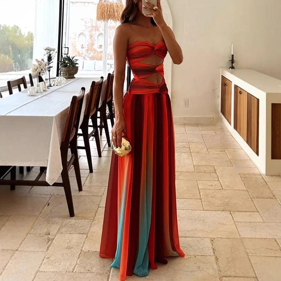 Vestido maxi feminino com corte de malha sem alças torcido frontal gradiente vestidos longos elegantes e fluidos vestido de praia pôr do sol