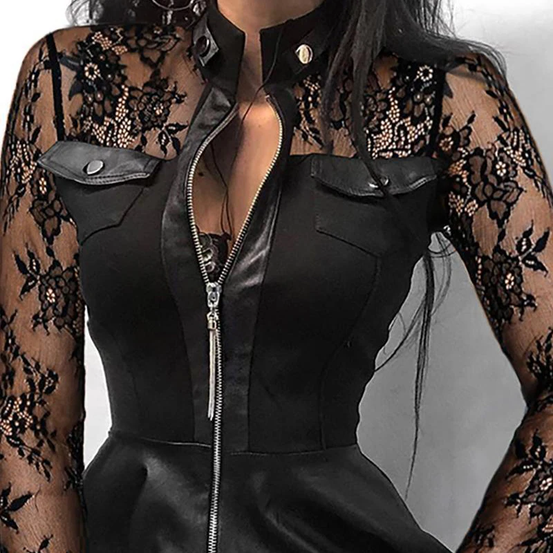 Sexy Dress Zip Long Sleeves Stand Mini Dress Casual Autumn Winter Fashion Pocket Pu Leather Lace Stitching Elegant Slim Dresses