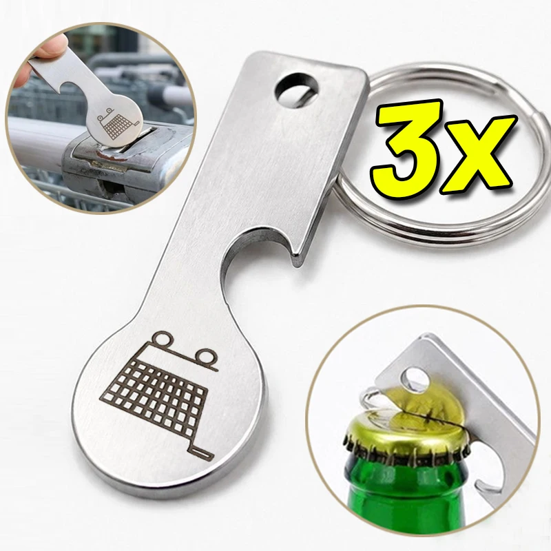 Stainless Steel Shopping Trolley Token Keychain Multi-functional Bottle Opener for Supermarket Cart Portable Removable Keyring