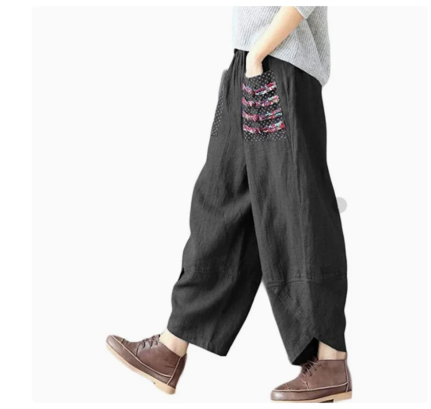 1pcs/lot  Summer Casual Loose Long Trouser Women Elastic Waist Retro Print Linen Cotton Harem Pants