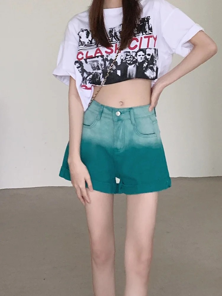 Women's Gradient Green Denim Shorts Aesthetic Streetwear Jeans Shorts 2000s Y2k Harajuku Cowboy Shorts Pants 2000s Clothes 2024