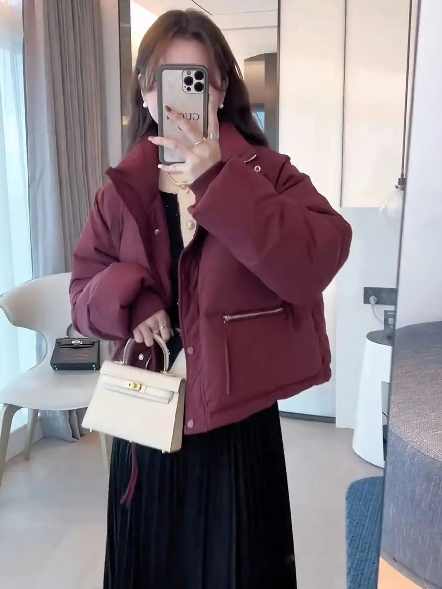 

Short Puffer Jacket Women's Anti-Season New Style Korean Stand Collar Loose Fit White Duck Down Bread Style Trendy Black Color