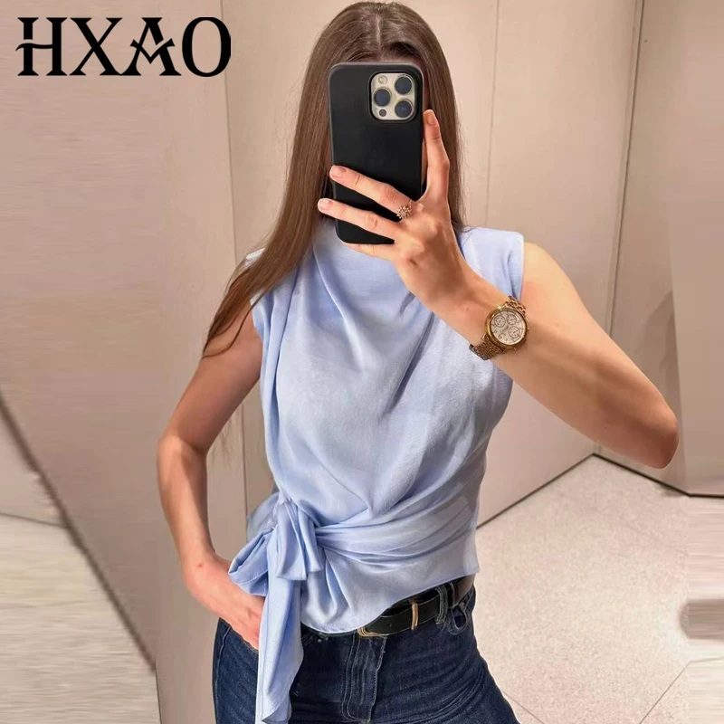 HXAO Satin-Schleifen-Crop-Top für Damen, Sommer 2026, elegant, hellblau, gerüscht, O-Ausschnitt, ärmellos, zum Schnüren, schickes Cocktail-Party-Top