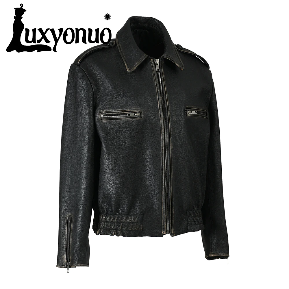 Luxyonuo-Jaqueta de couro real feminina, zíper vintage, couro genuíno grande, moda, primavera, outono, 2023