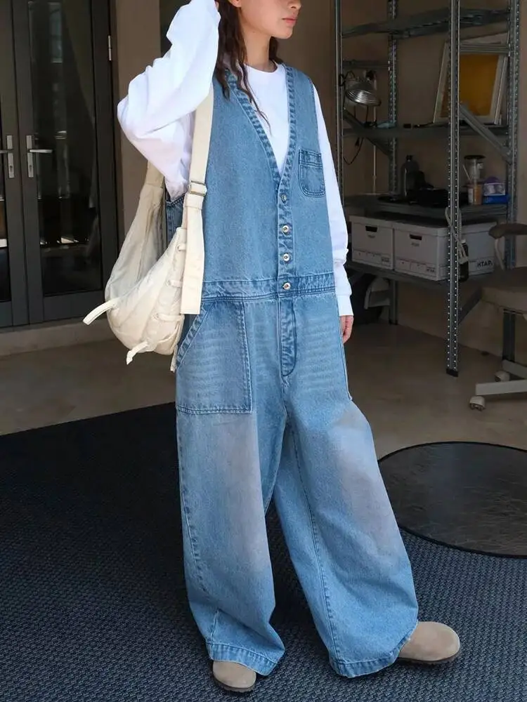 Denim Women Blue Pocket Big Size Long Jumpsuit New High Waist Pocket Stitch Pants Fashion  Spring Autumn 2026 HWKB