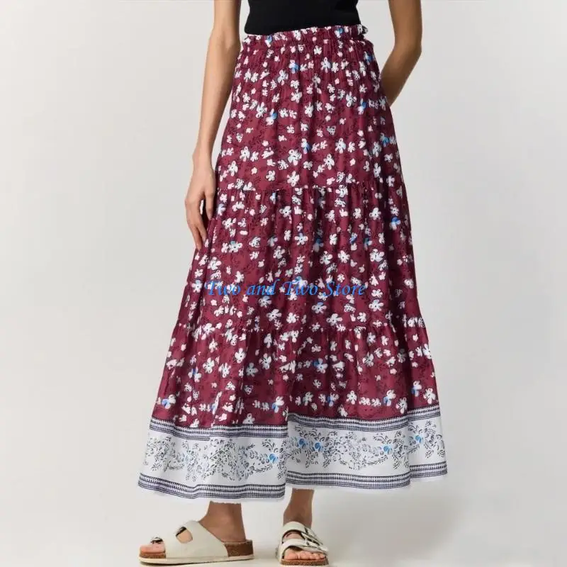 HX6F Women's long dress, fashionable bohemian , trendy floral  A-line beach dress, vacation wear.