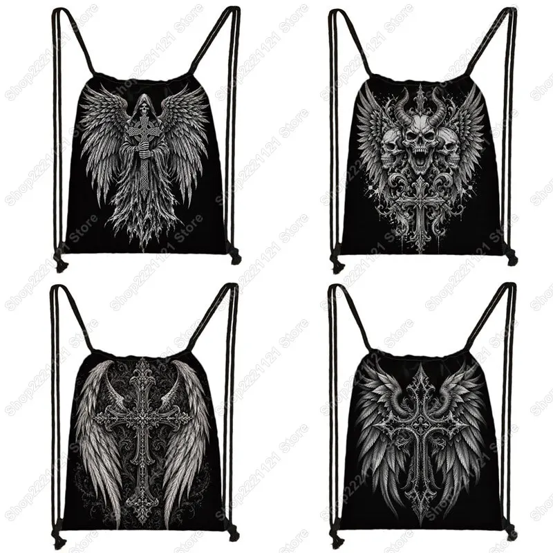 Gothic Skull Cross Wing Backpack Punk Women Men Gym Drawstring Bag for Travel Punk Grim Reaper School Bag for Teenager Bookbag