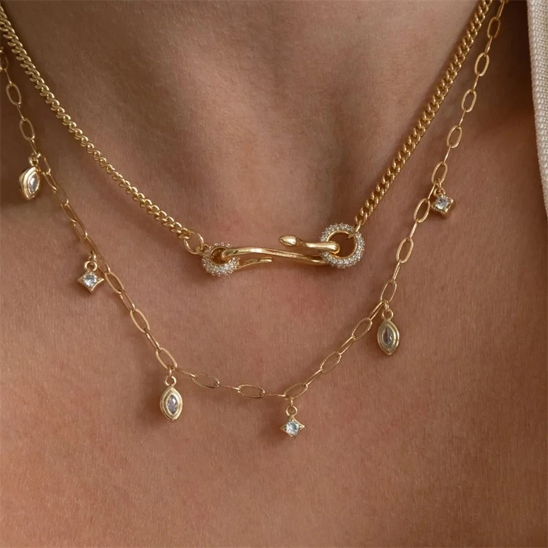 New Trendy Gold Silver Color Stainless Steel Choker Necklaces Simple Shiny Zircon Pendants for Women Girls Party Wedding Jewelry