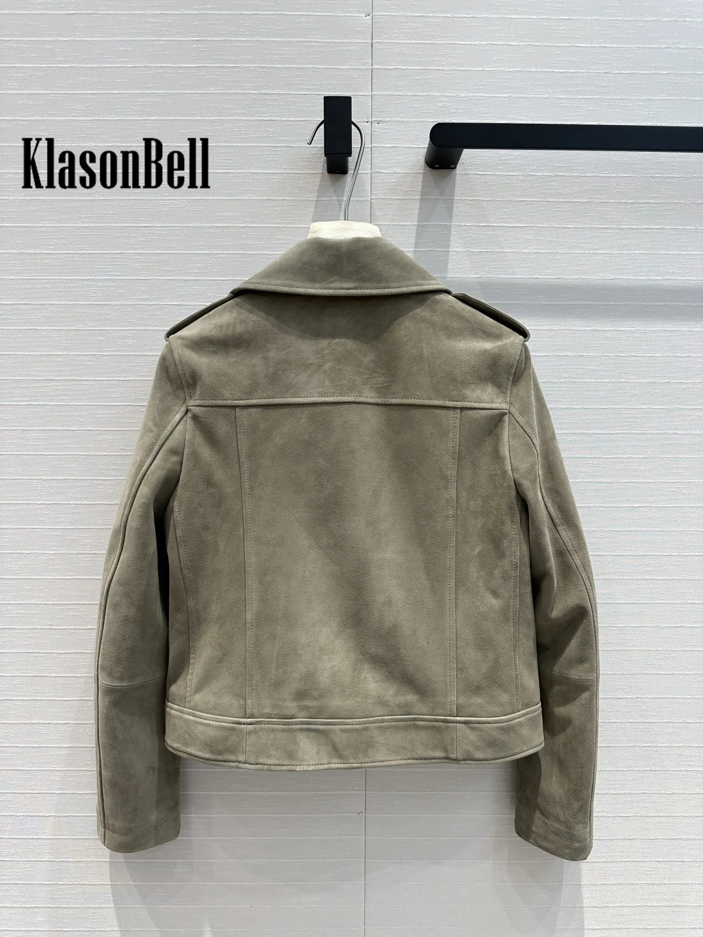 8.9 KlasonBell Luxury KId Suede Moto Biker Jacket For Women Beading Chain Lapel Collar Zipper Short Genuine Leather Coat