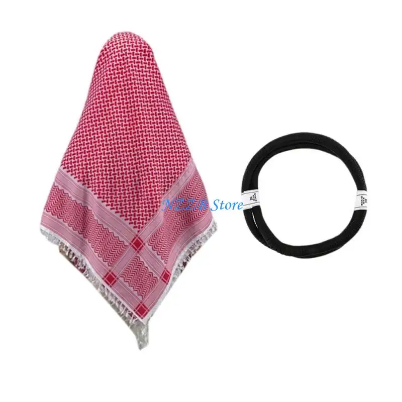 

T21F 1set Shemagh Headscarf with Hairband Arab Headwrap Religious Kerchief