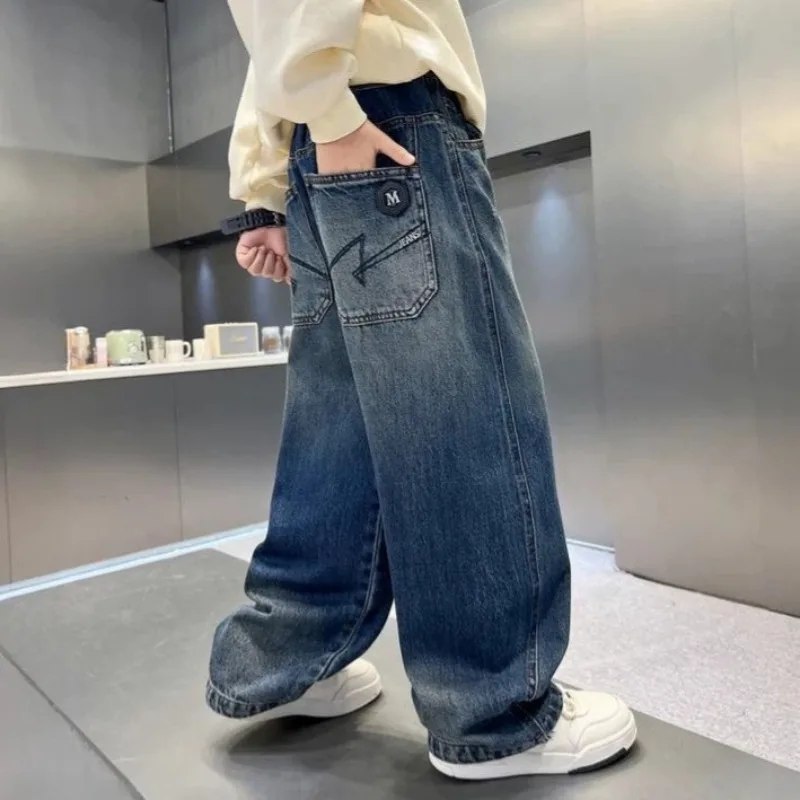 UNITIM Children Boys Crescent Pant Autumn 4-14Yrs Kids Boys Denim Pants Loose Handsome Teens Boys Straight Pants Teens Boy Jeans