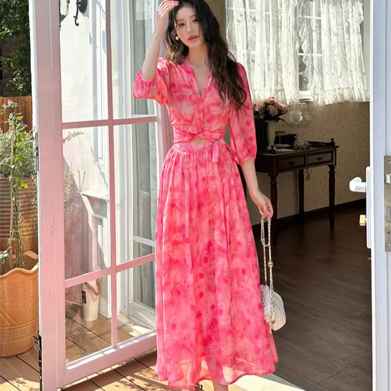 

High-Quality Summer Vacation Women Two-Piece Set Skirt Set Tailored Top Long Skirt New Floral Chiffon Sexy V-Neck Bandage Dress