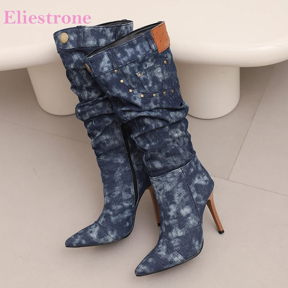 

2025 Новые зимние модные темно-синие розовые женские сапоги до колена, женская обувь до колена на высоком каблуке-шпильке, большие размеры 12, 43 48 50