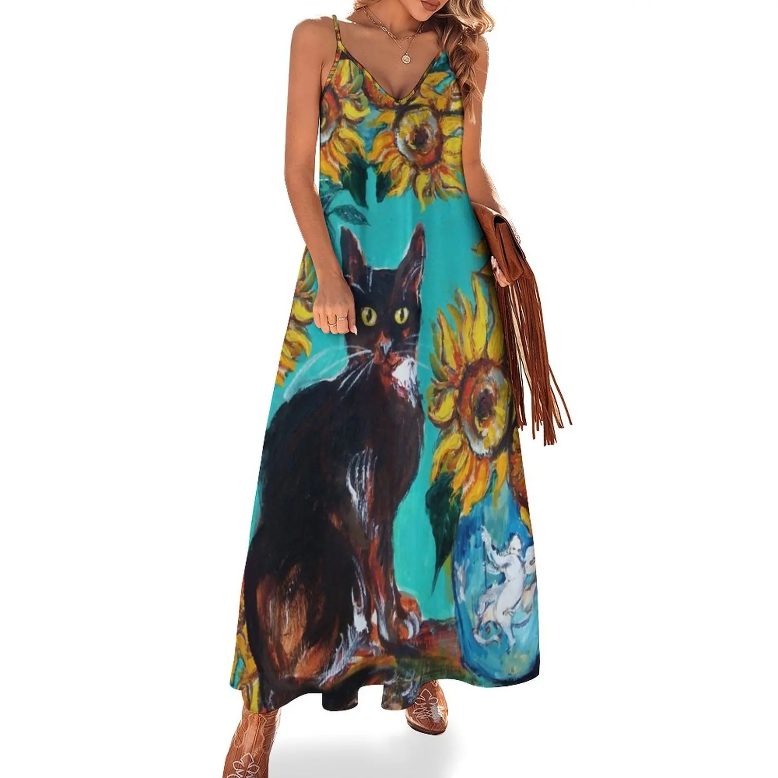

SUNFLOWERS WITH BLACK CAT IN BLUE TURQUOISE YELLOW COLORS by Bulgan Lumini Sleeveless Dress
