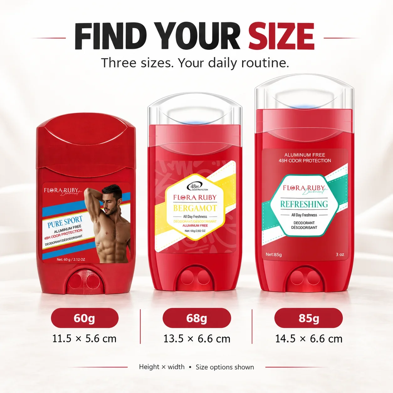 Flora Ruby Aluminum Free Deodorant Stick for Men Women, 48H Odor Protection, Long Lasting Freshness, No White Marks, 60g 68g 85g