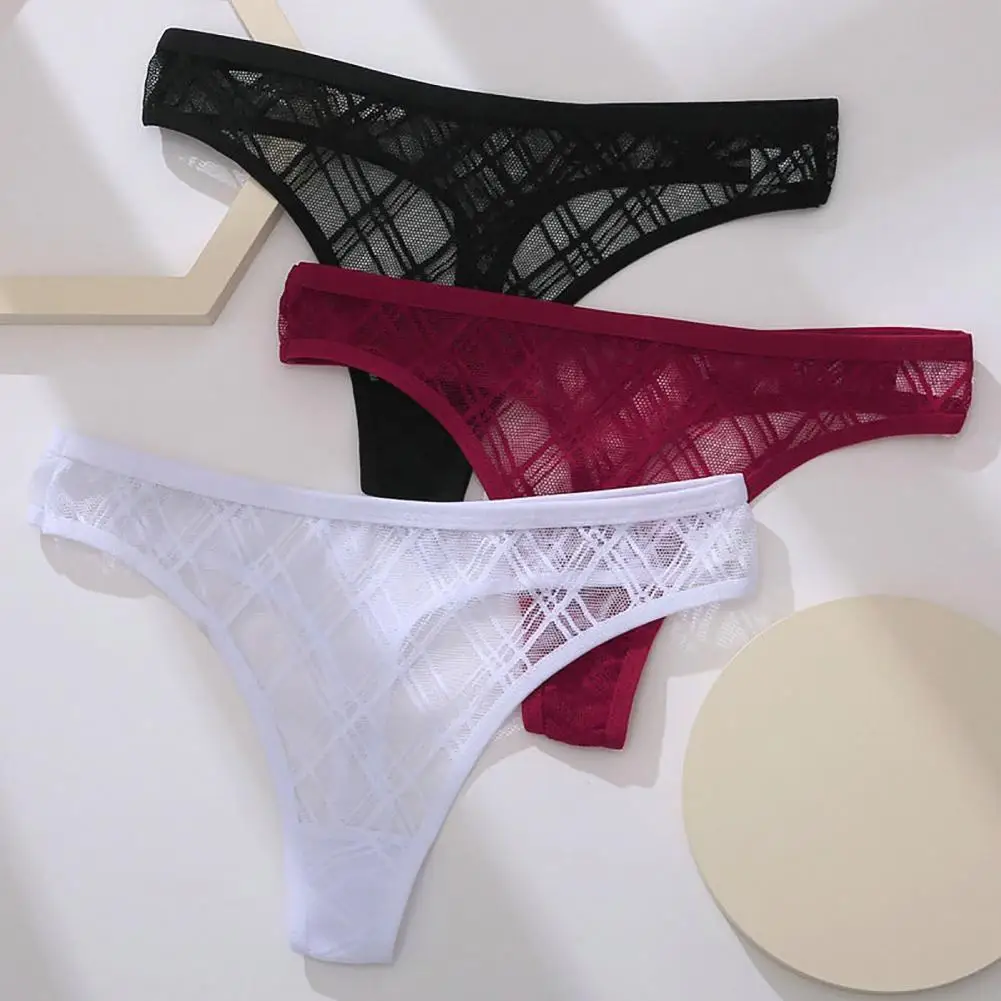 Women Thong Sexy Solid Color Breathable Lady G-string See-through T-shape Hollow Out Briefs Soft Lace Low Waist Panties