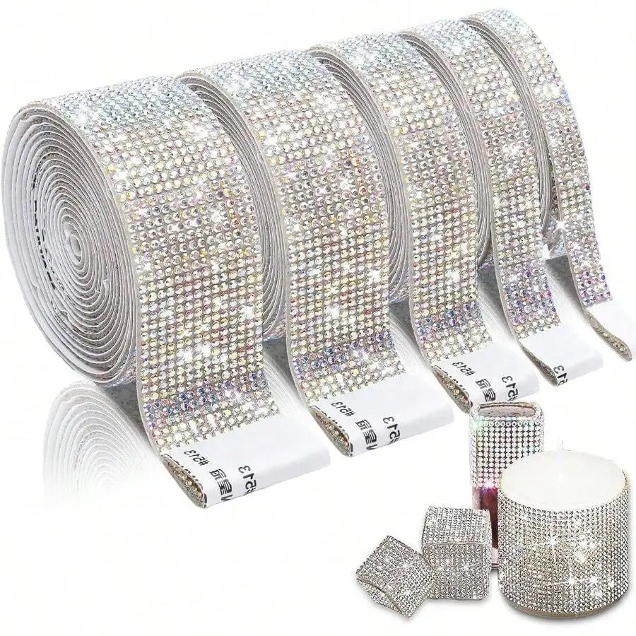 

5 Rolls Self Adhesive Ribbon, Bling Tape With 2 Mm Rhinestones Sticker Arts Crafts Wedding Birthday Party Event Car Phone Decoration AB