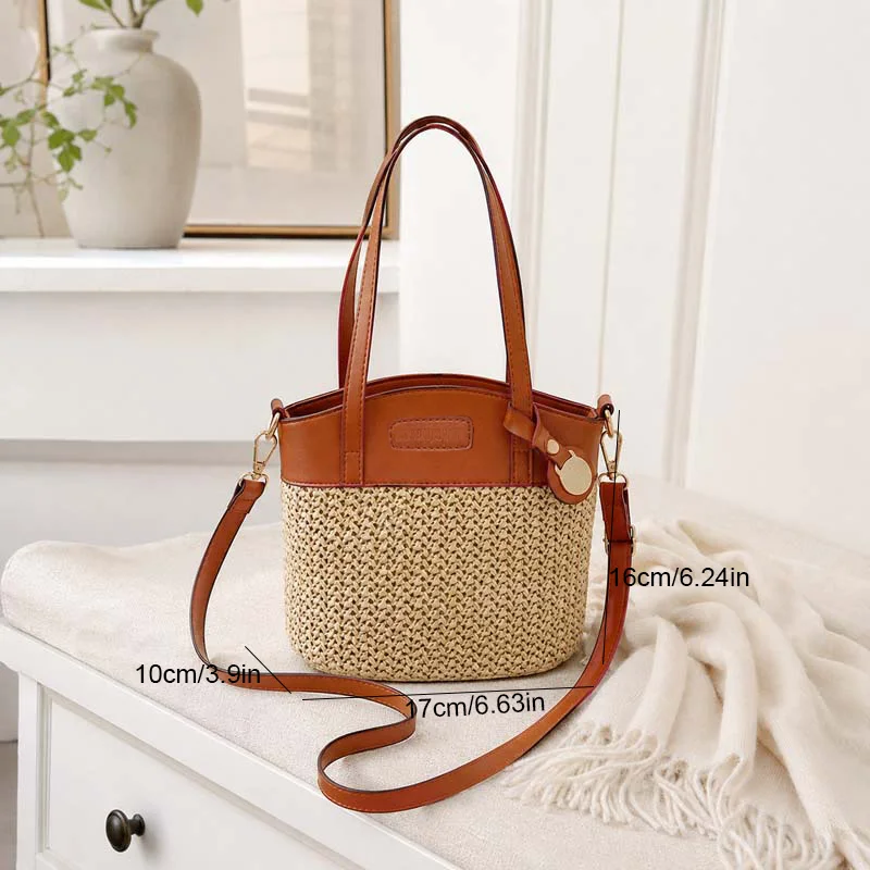 Neue Damen Gewebte Tasche PU-Leder Patchwork Umhängetasche Sommer Strand Shopper Schultertasche Urlaub Reisetaschen S/L – Detail 4