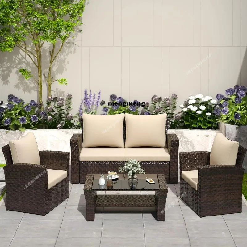 

4 Piece Outdoor Patio Furniture Set, Outdoor Sectional Sofa with Tempered Glass Coffee Table and Cushions, Wicker, Customized