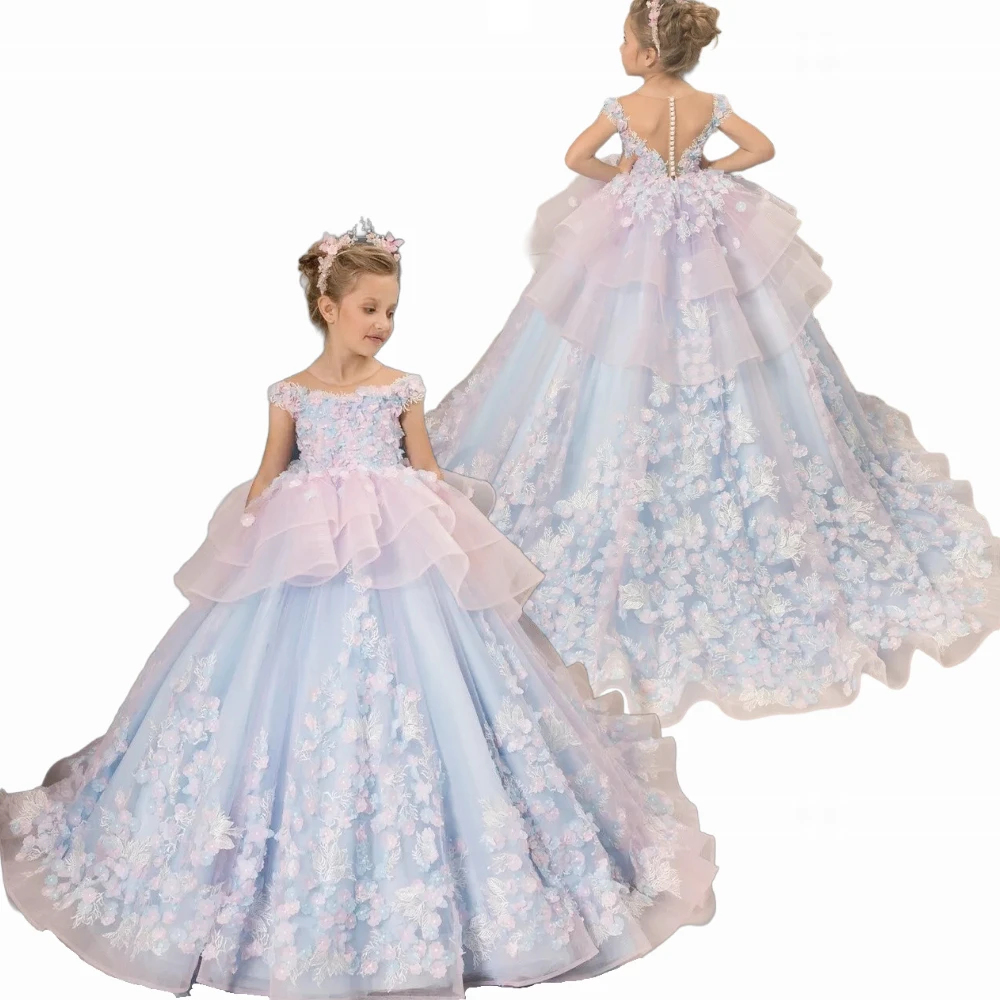 

Elegant Flower Girls Dress Tiered Ruffles Big Bow Back Floor Length Kids Birthday Party Ball Elegant Luxurious Banquet Gowns