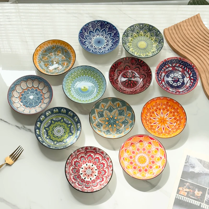 

12-Piece 5.7-Inch Bohemian Ceramic Plate Set, Multi-Use for Appetizer, Sushi & Snack, Microwave & Dishwasher Safe