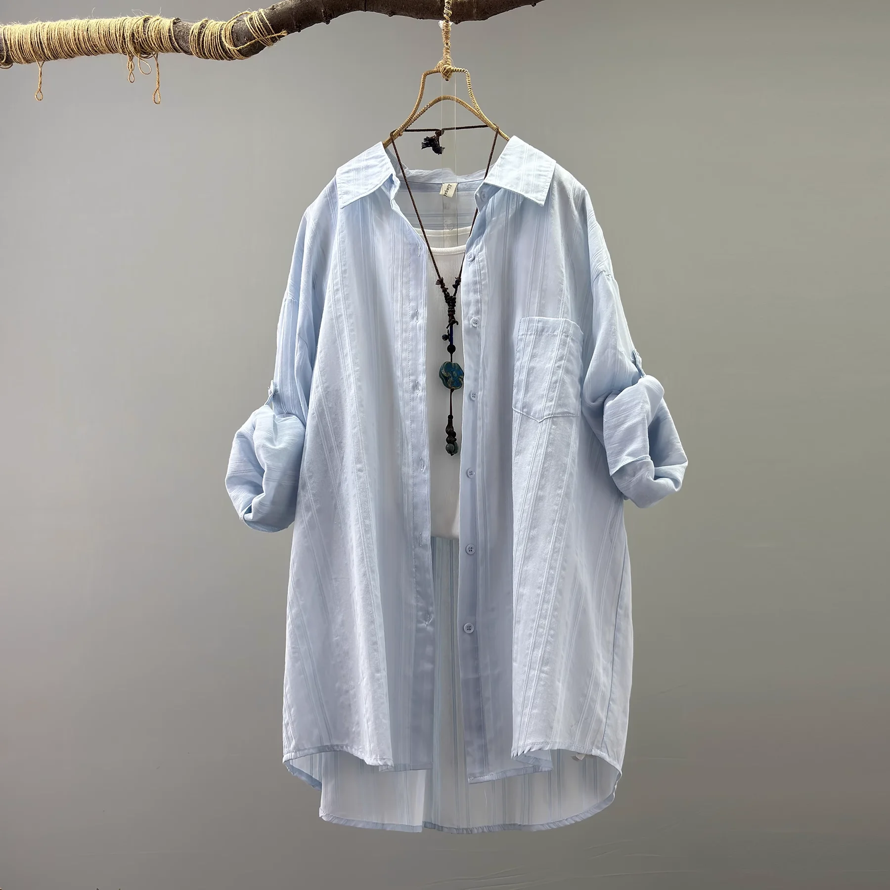 

Korean fashion white blue striped long shirts and blouses for women fall summer casual long sleeve tops thin outwear