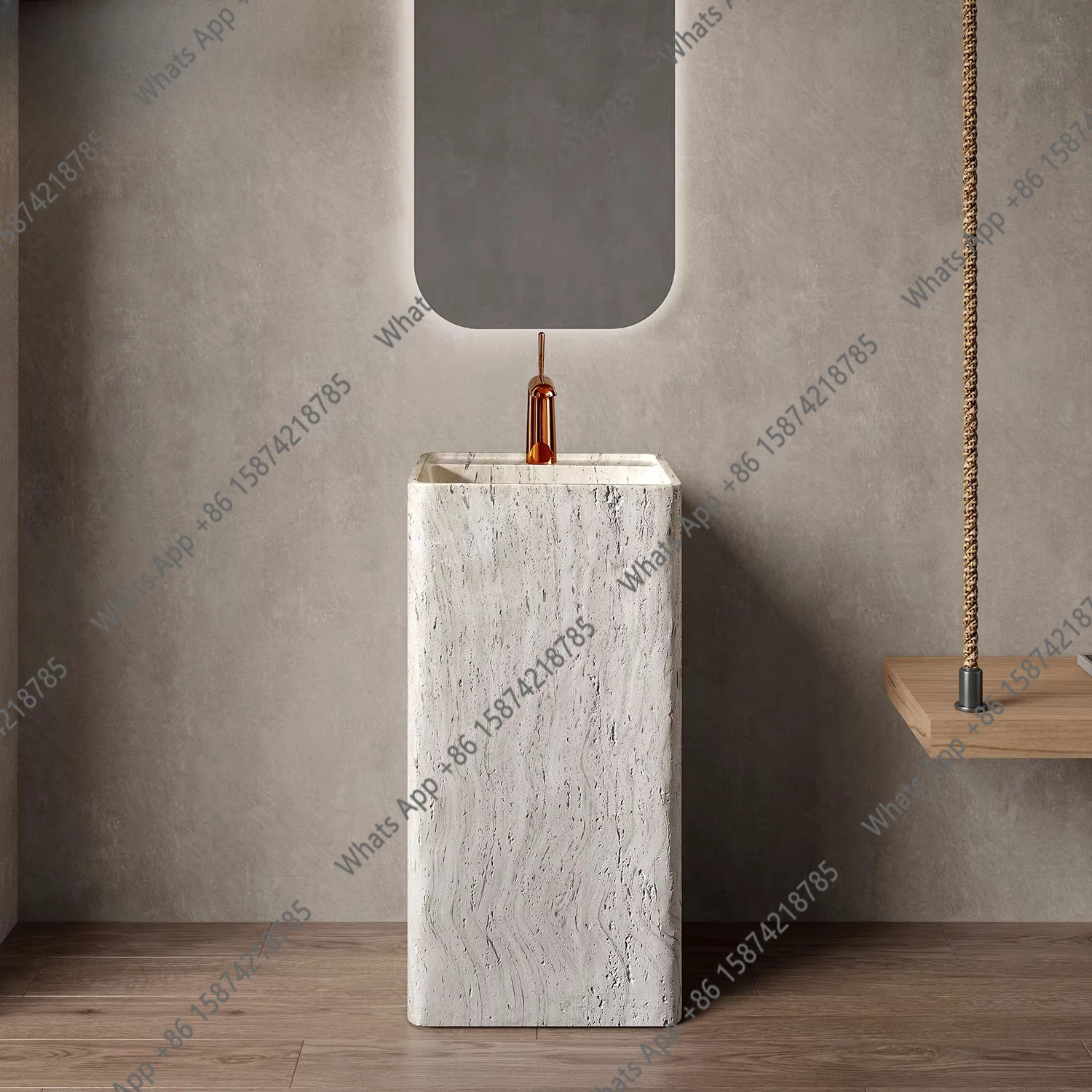 

Дизайнерская напольная раковина для ванной комнаты в средневековом стиле: интегрированная колонная раковина из белого травертина, персонализированная художественная раковина-умывальник