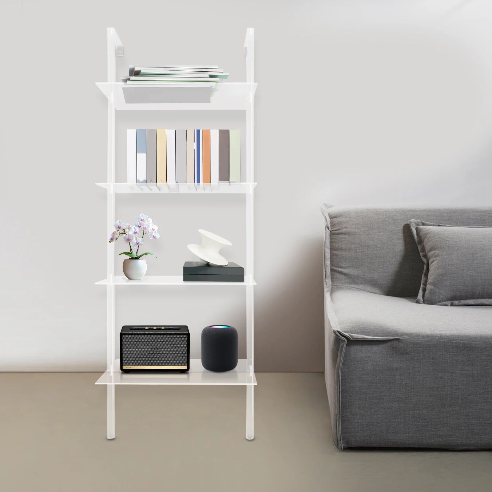 

36*24*146cm 4-Tier Clear Wall Mounted Book Shelf,Small Acrylic Rectangular Ladder Bookshelf for Storing Books