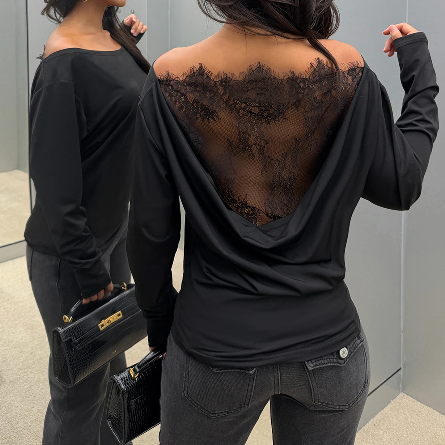 SUCHCUTE Damen Langarm-Oberteil mit schulterfreiem Ausschnitt, transparenter Spitze und Patchwork, T-Shirt, schmale Passform, Y2K Streetwear Outfit, Vintage, lässig, schick – Detail 12
