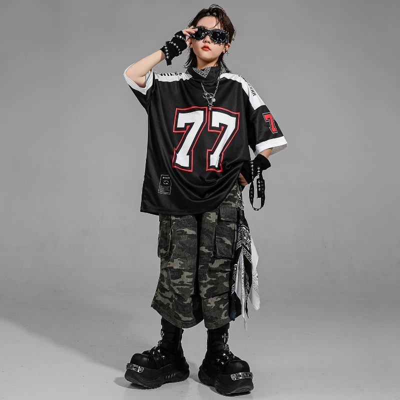 

Boys Jazz Dance Costumes Loose Black Short Sleeve T Shirts Camo Shorts Suit Girls Modern Hip Hop Clothing Group Streetwear Sets