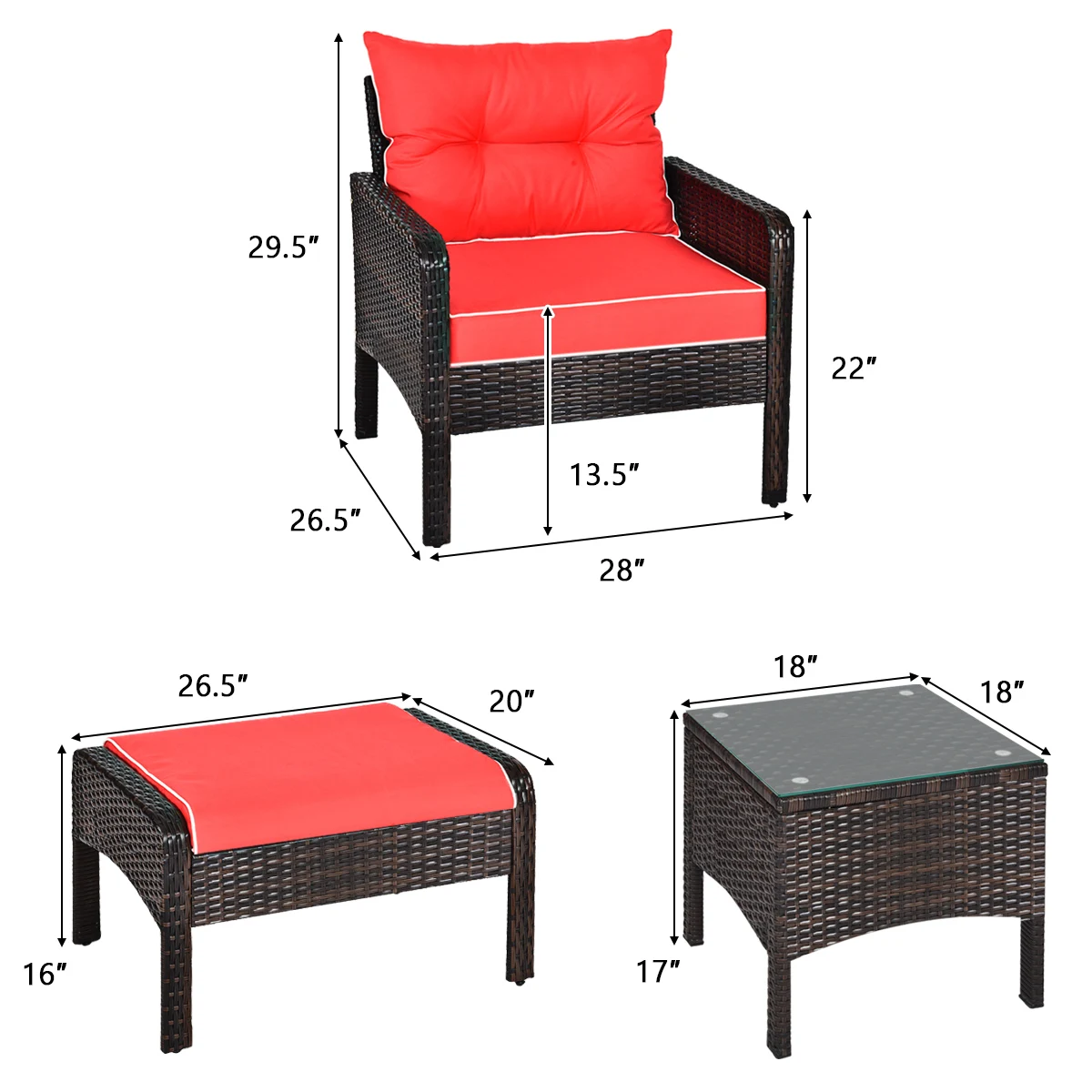 Costway 5 PCS Patio Rattan Wicker Furniture Set Sofa Ottoman W/Red Cushion Garden Yard