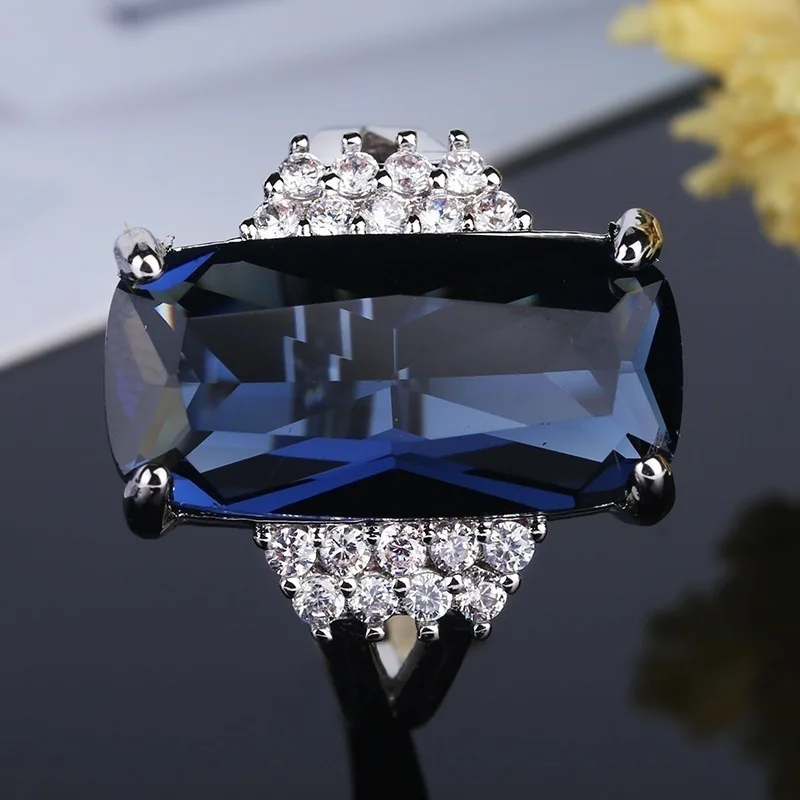 Exquisite Silver Color Dark Blue Geometric Rectangle Crystal Zircon Rhinestone Female Ring for Women Party Jewelry