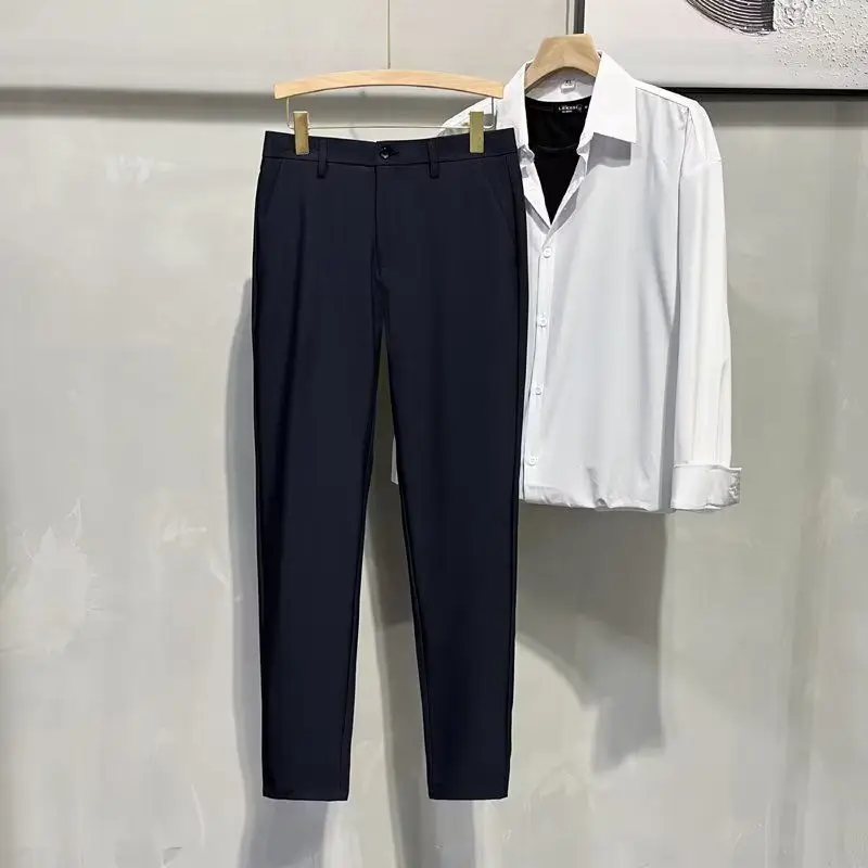 Ice Silk Fabric Trousers Pencil Summer New Men's Button Zipper Solid Color Fashion Slim Business Patchwork Pockets Suit Pants