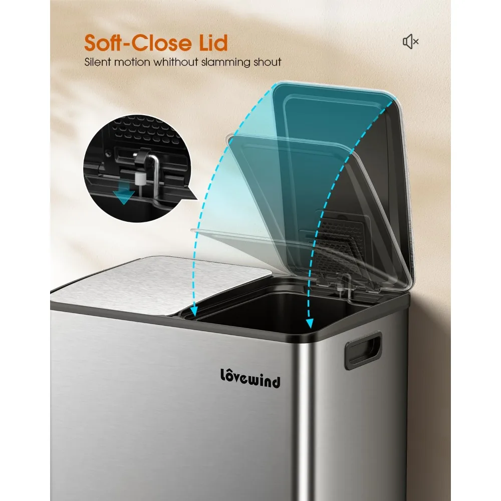 سلة المهملات المزدوجة وصناديق إعادة التدوير للمطبخ، 2 × 8 جالون (2 × 30 لتر) سلة قمامة المطبخ المصنوعة من الفولاذ المقاوم للصدأ مع إغلاق ناعم #3