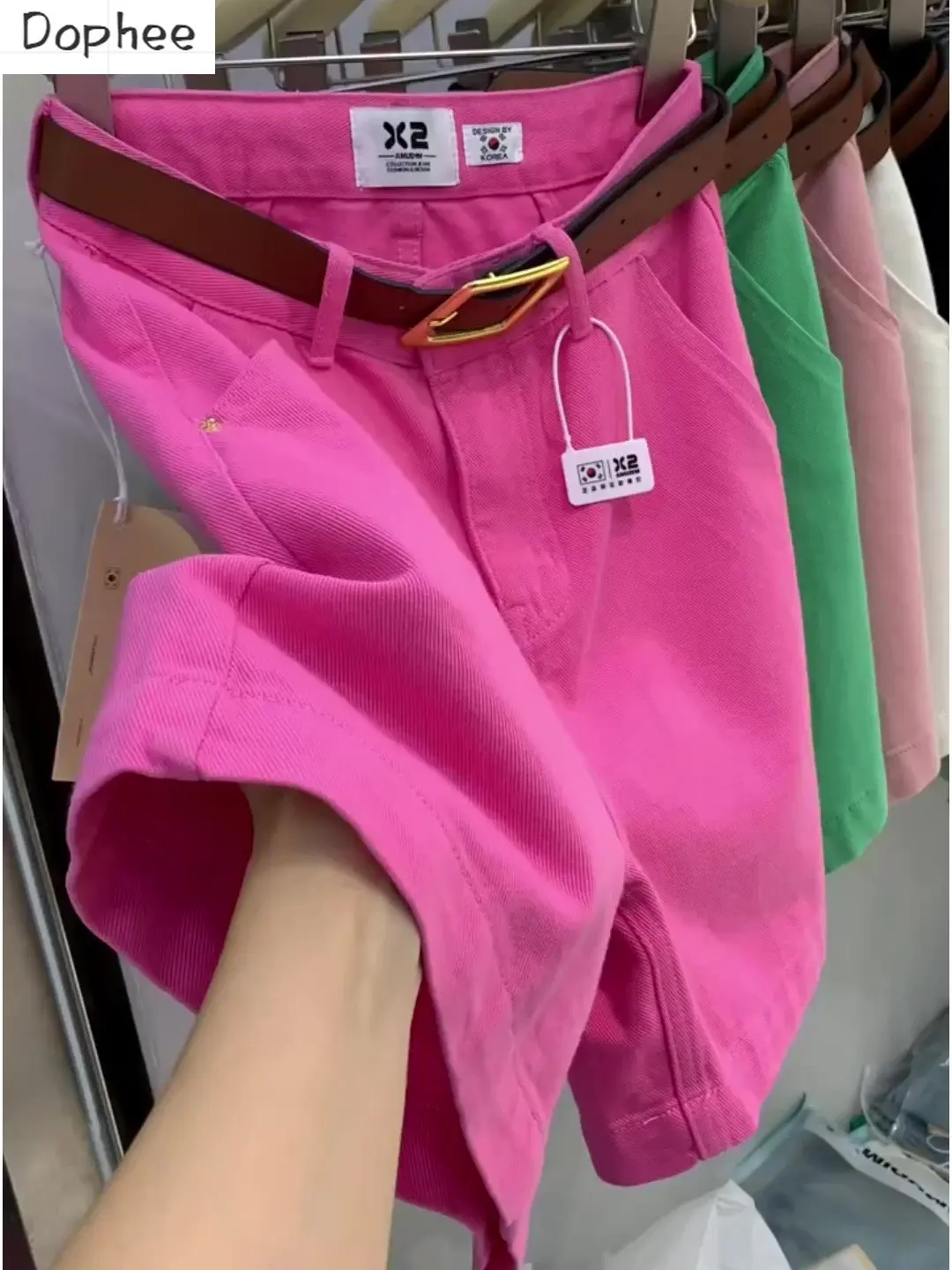 

M-4XL Large Size Rose Pink High Waist Jeans for Women 2023 New Summer Loose Straight Pants Solid Color Casual Riding Shorts