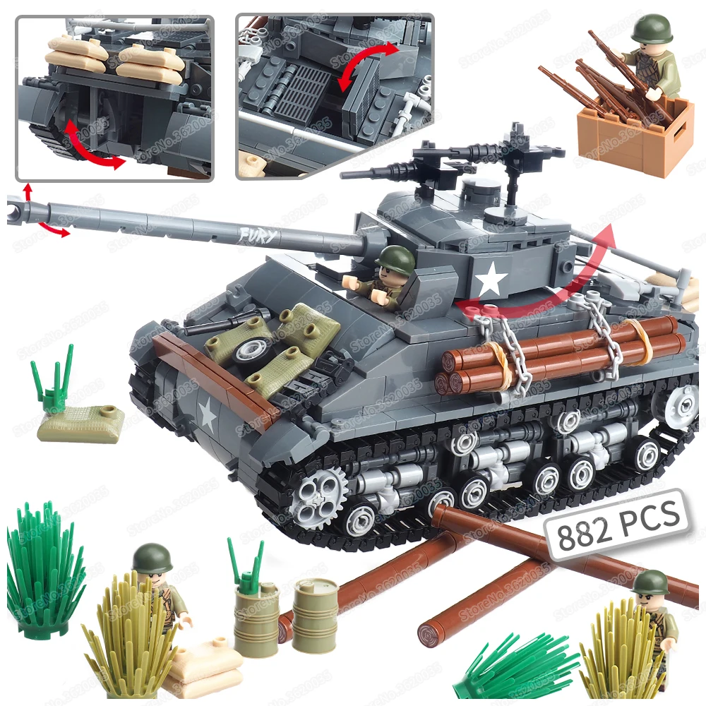 

M4A3E8 Sherman танк Строительный блок в сборе WW2 Фигурки военной техники Оружие Бронетанный танк Военная модель Детский подарок Игрушки для мальчиков
