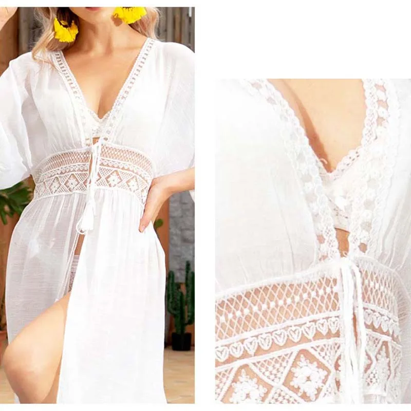 Casual White Women's Summer Long Dress Bohemian Bikini Cover-Ups Beach Sundress Holiday Short Sleeve Lace Cardigan Maxi Dresses