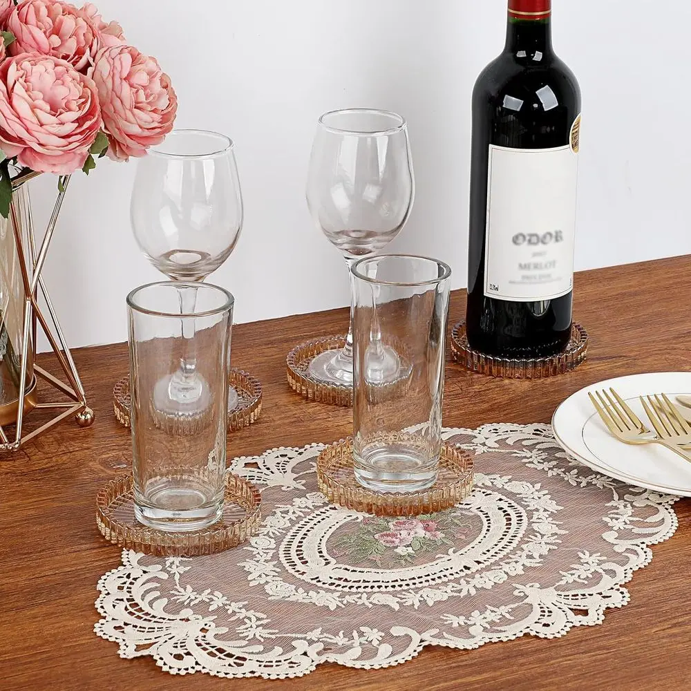 Set of 5 Amber Glass Coasters for Drinks, Elegant Round Mat for Coffee Table, Kitchen, Bar, Dining, Living Room, Patio