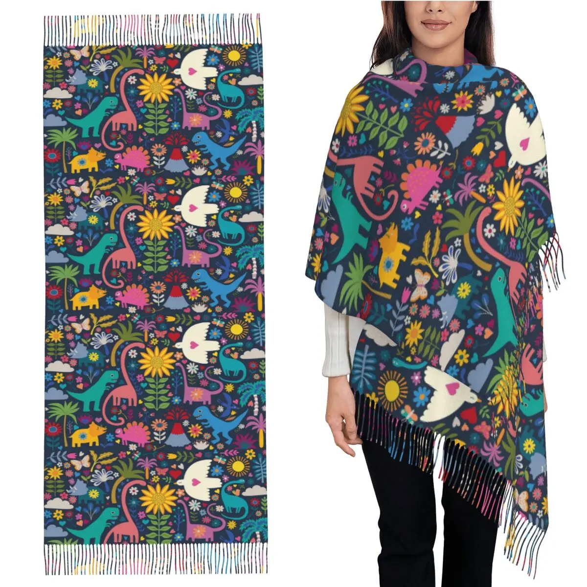 

Мир, любовь и динозавры, милые животные Cecca, дизайн, шарф, шарфы с кисточками, шали и накидки, большая осенне-зимняя шаль