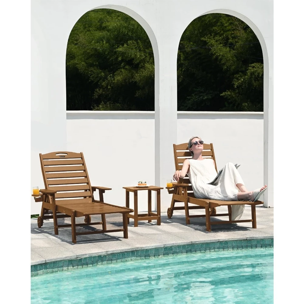 

Lounge Chair Outdoor Set of 2, HDPE Chaise Lounge Outdoor with 6-Position & Wheels &Cup Holder, Pool Lounge Chair