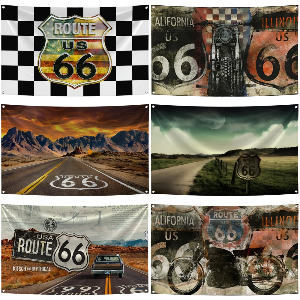 3x5Fts U.S. Route 66 Motorcycle Flag Polyester Digital Printing Car Banner For Decor