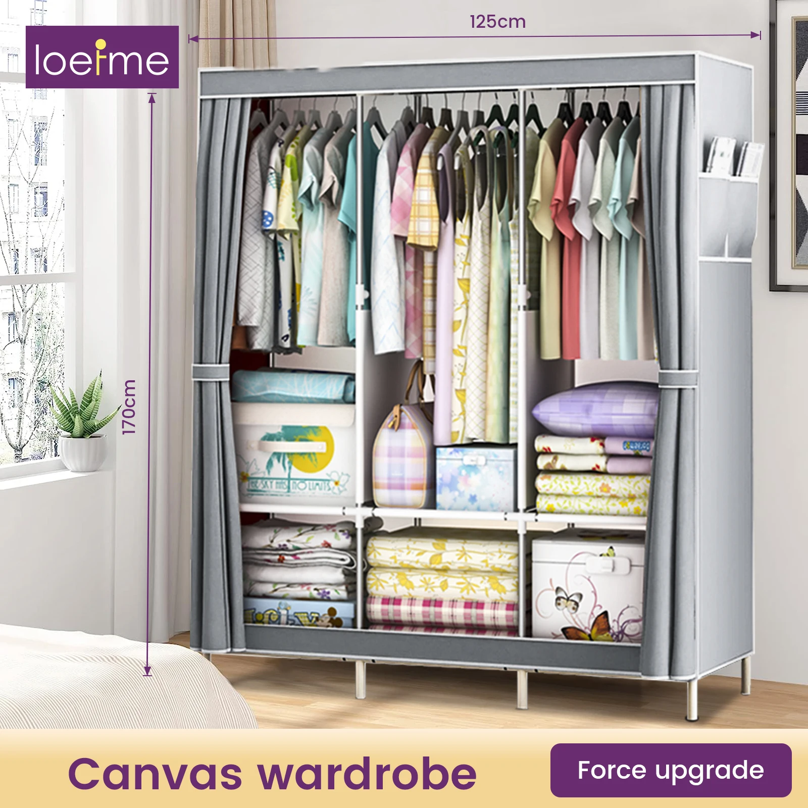 Canvas Wardrobe, Pop up Fabric Wardrobes with 3 large hanging areas, 6 stacking compartments and storage underneath,125*45*170