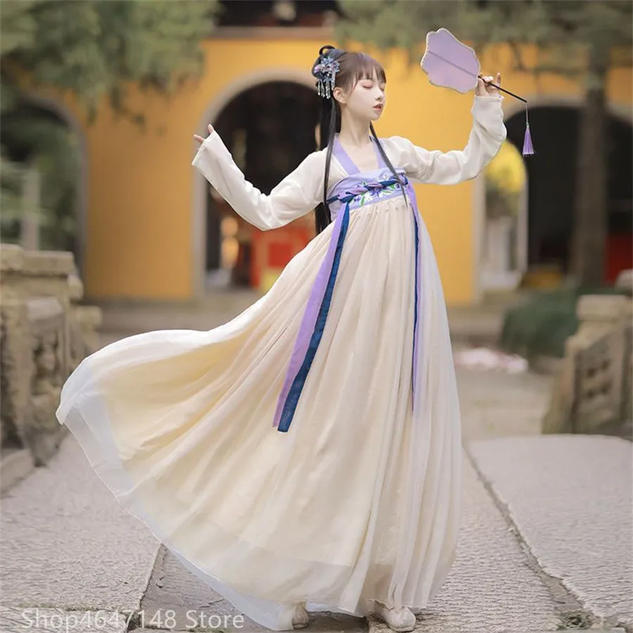 Women Traditional Hanfu Costumes Ancient Clothes Wei Jin Dynasty Crossed Collars Princess Folk Dance Dresse