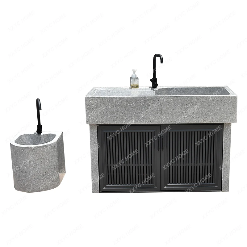 Marble Pool Granite Sink Integrated Stone Wash Basin with Aluminum Cabinet Door