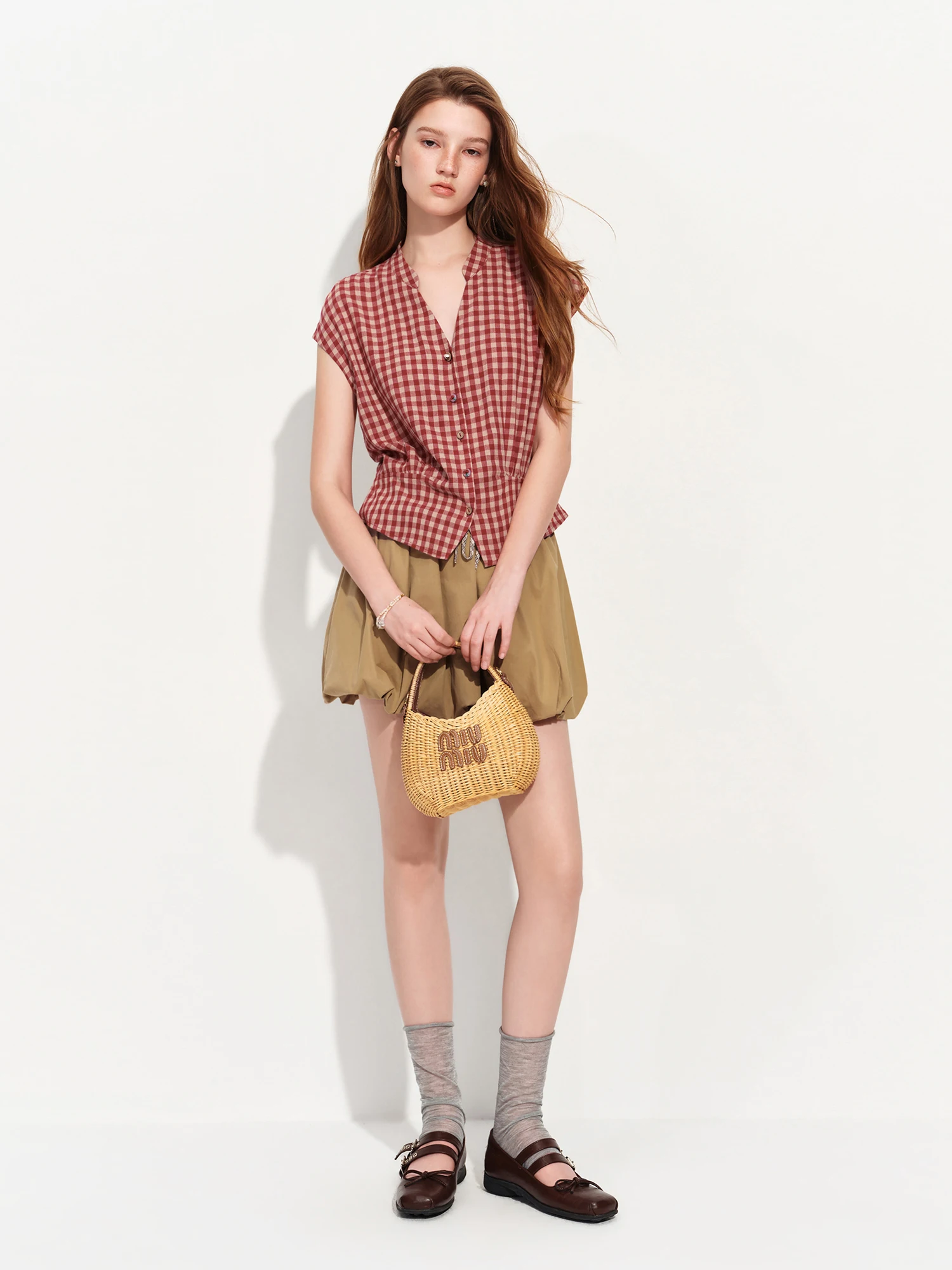 FSLE 2026 Summer Women's Linen V-Neck Cap Sleeve Blouse with Plaid Print and Waist-Defining Fit - Casual Style for Daily Wear