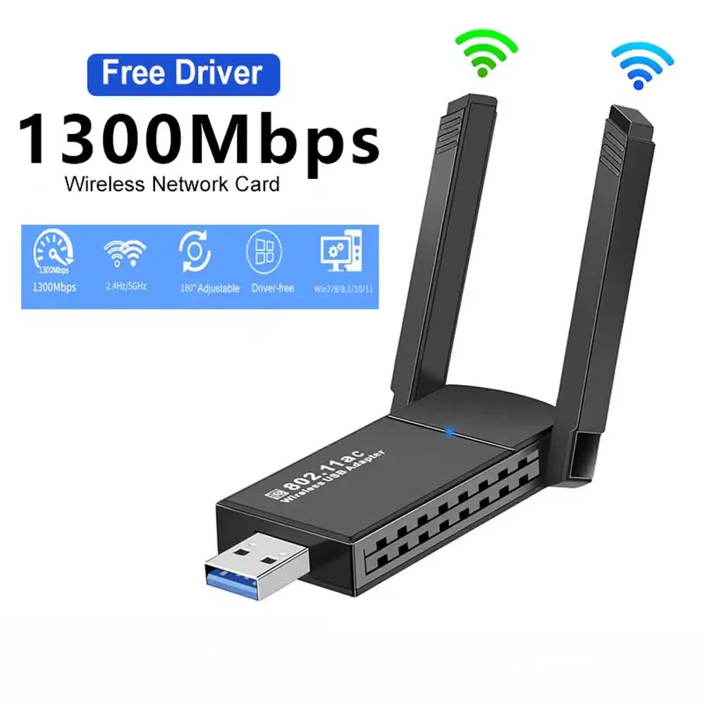 

USB-адаптер Wi-Fi 1300 Мбит/с, ключ 2 в 1, двухдиапазонный 2,4G и 5 ГГц, сетевой беспроводной приемник Wi-Fi 5, БЕСПЛАТНО ДРАЙВЕР