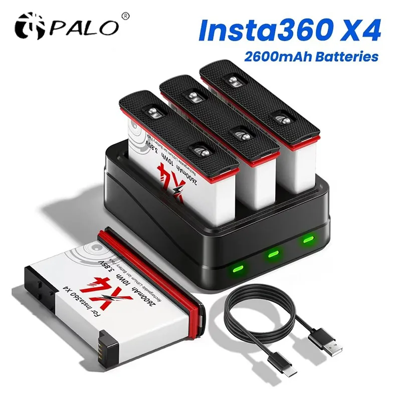 2600mAh High Capacity Battery for Insta360 X4 Battery + 3-Slot LED Charger Fast Charge for Insta360 ONE X4 Camera Acceossries