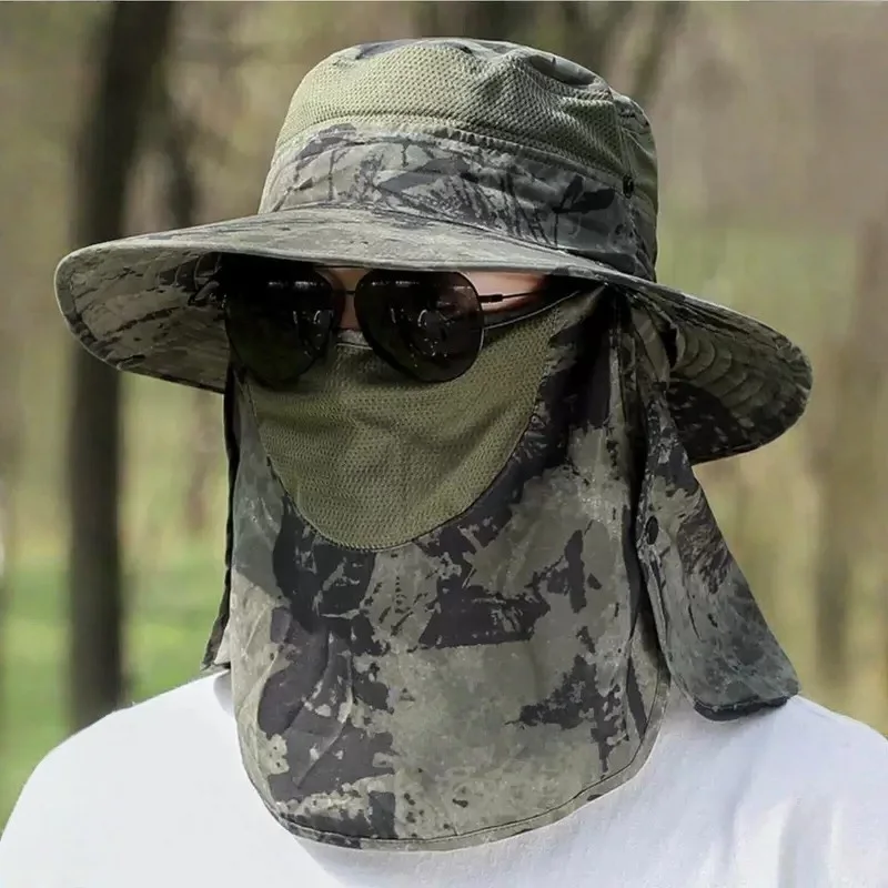 

Men's Fishing Cap Summer Outdoor UV Protection Large Brim Hat Face Covering Sunshade Hat Breathable Linen Material Fishing Gear