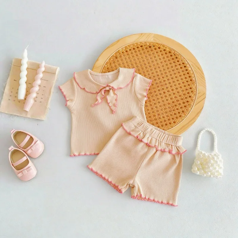 

2026 Summer New Baby Short Sleeve Clothes Set Girls Cute Bow Collar T Shirts + Shorts 2pcs Suit Toddler Kids Casual Outfits