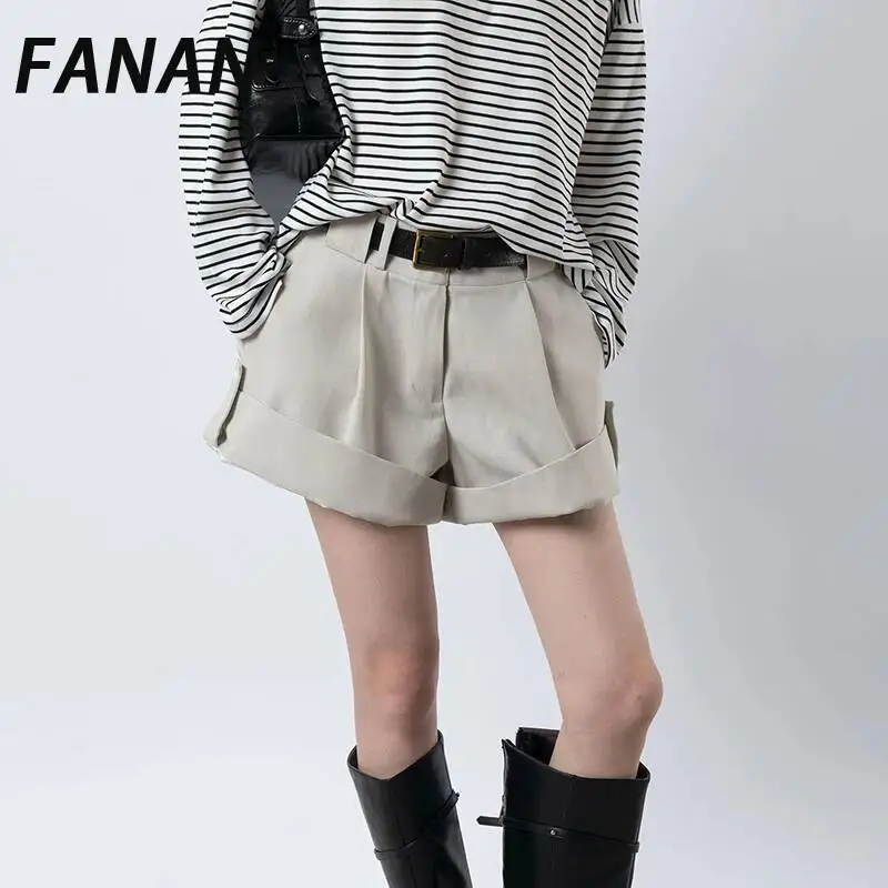 FANAN Elegant Women Roll Hem Suit Shorts High Waist Pleated Loose Casual Shorts Office Daily Wear Solid Ladies Shorts